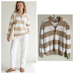 Brandy Melville Aleah Sweater Striped 1/4 Zip Coastal Tan White M